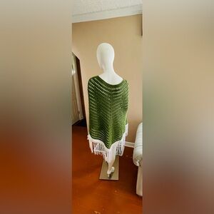 Handmade crochet poncho, new, one size only, color green and white.